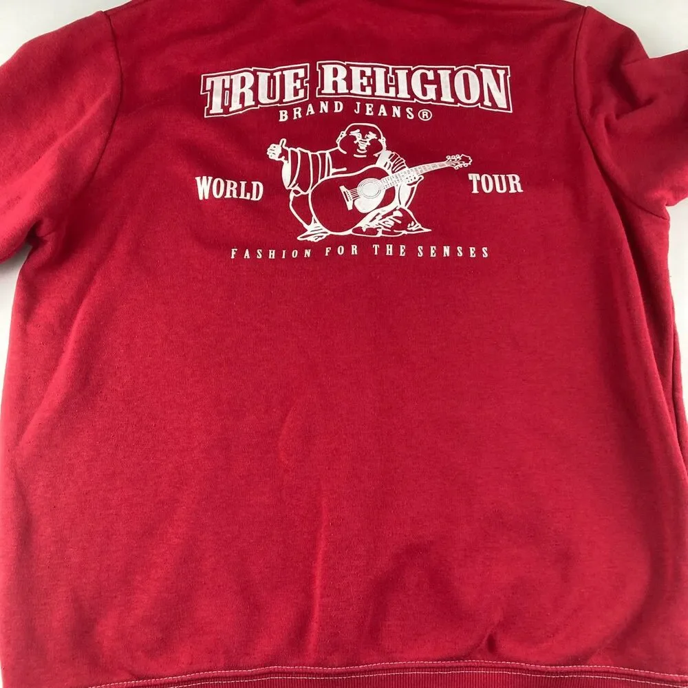 True Religion Mens XL Red Full Zip Hoodie Buddha World Tour Logo Sweatshirt